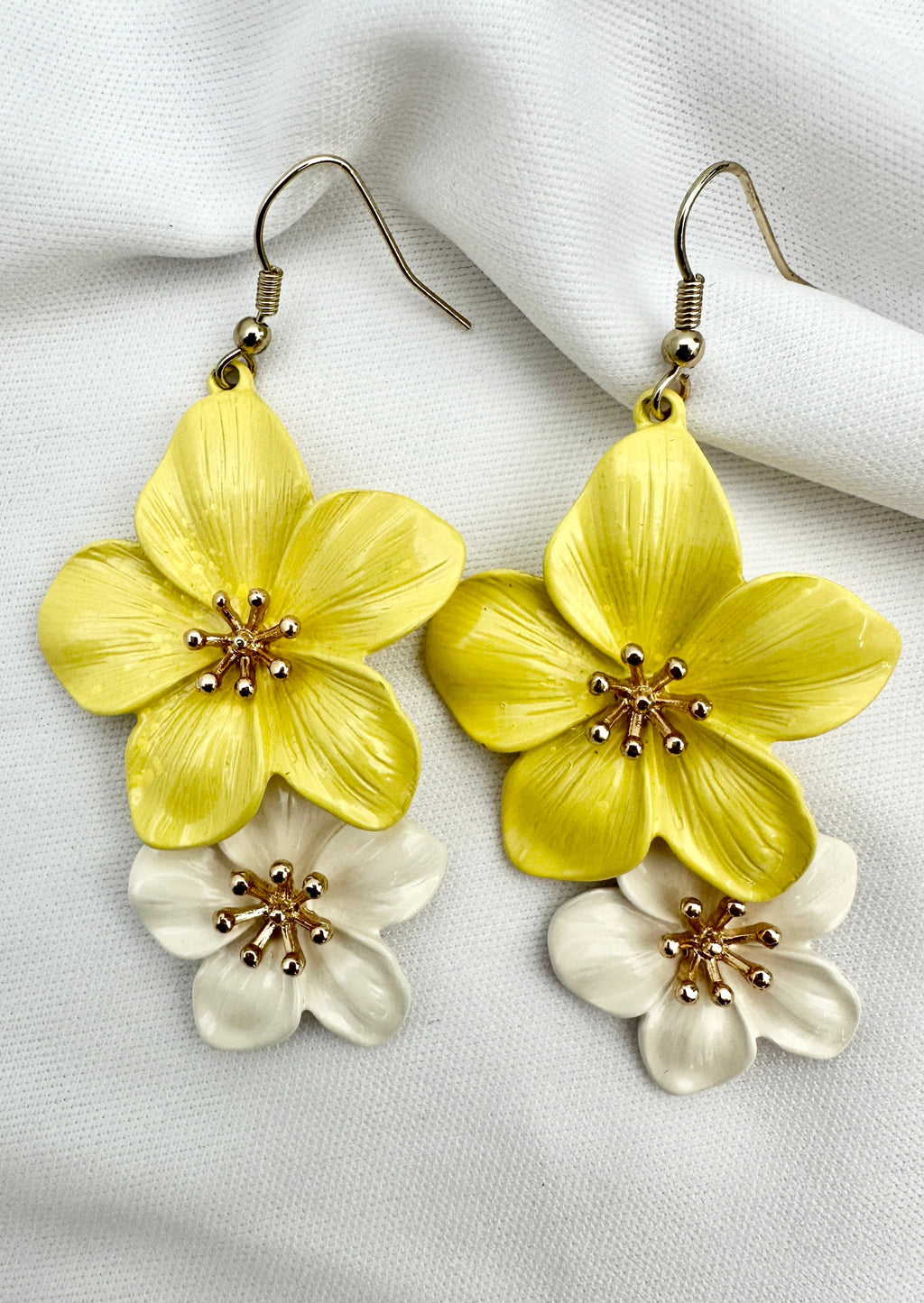 Double Flower Drop Earrings Yellow