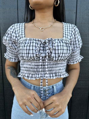 "Brand New Girl" Cinched Ruffle Crop Top - Black/White