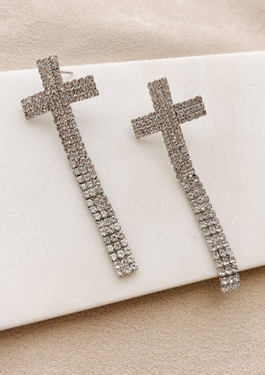 Cross Rhinestone Dangle Earrings Silver