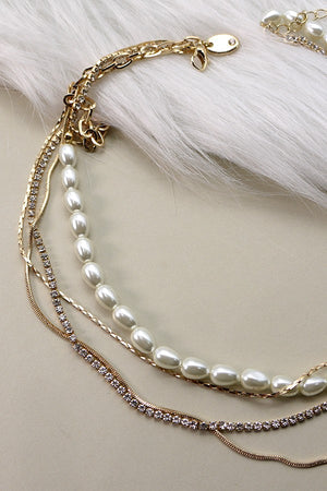 Rhinestone & Pearl Layered Necklace Gold