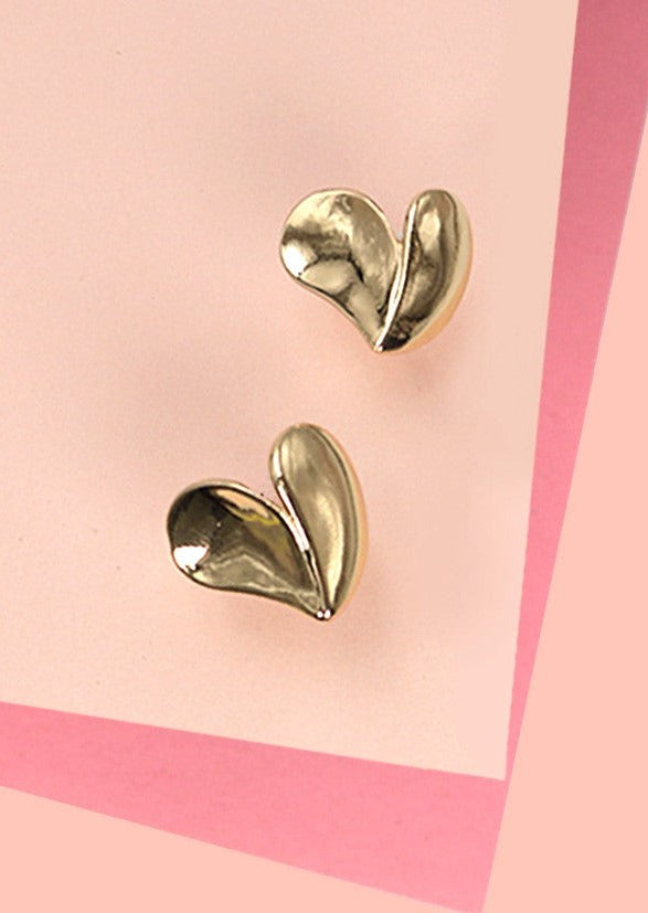 3D Heart Stud Earrings Gold