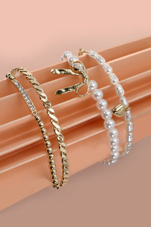 Bow Pearl Rhinestone Stretch Bangle Set