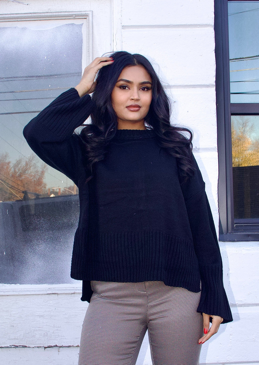 Keep Trying Ribbed Knit Sweater Black