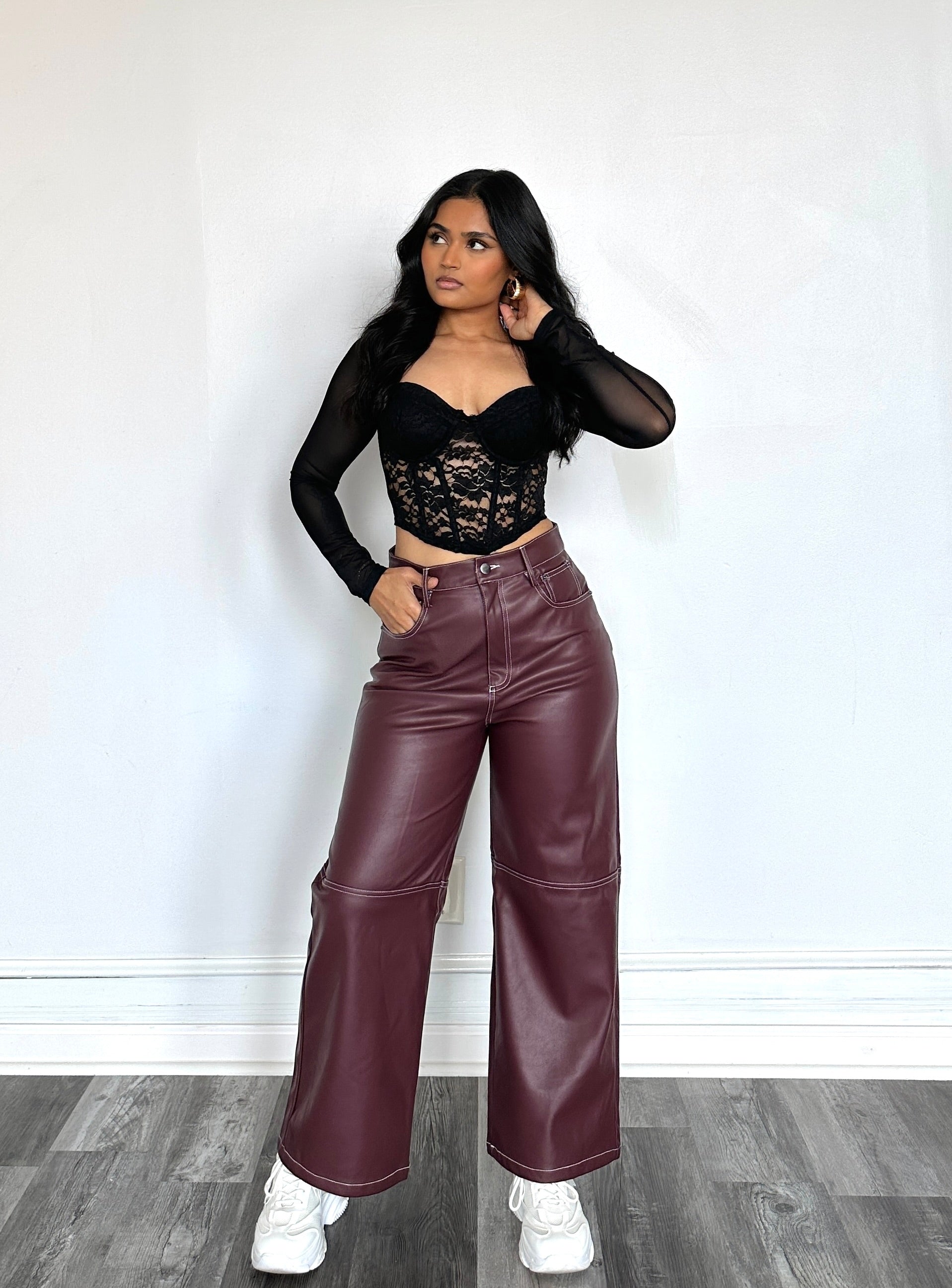 Wine leather trousers store