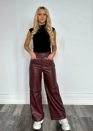 Keep Guessing Leather Pants Wine