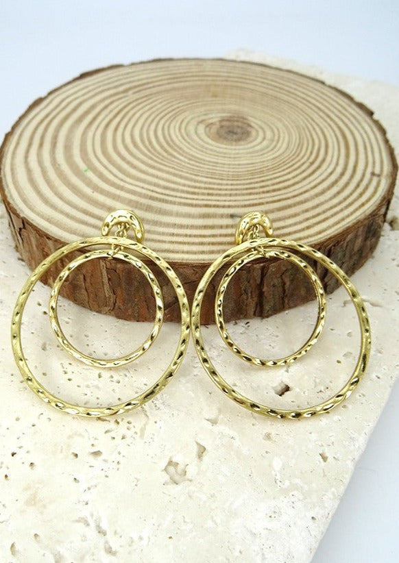 Double Circle Hammered Earrings Gold
