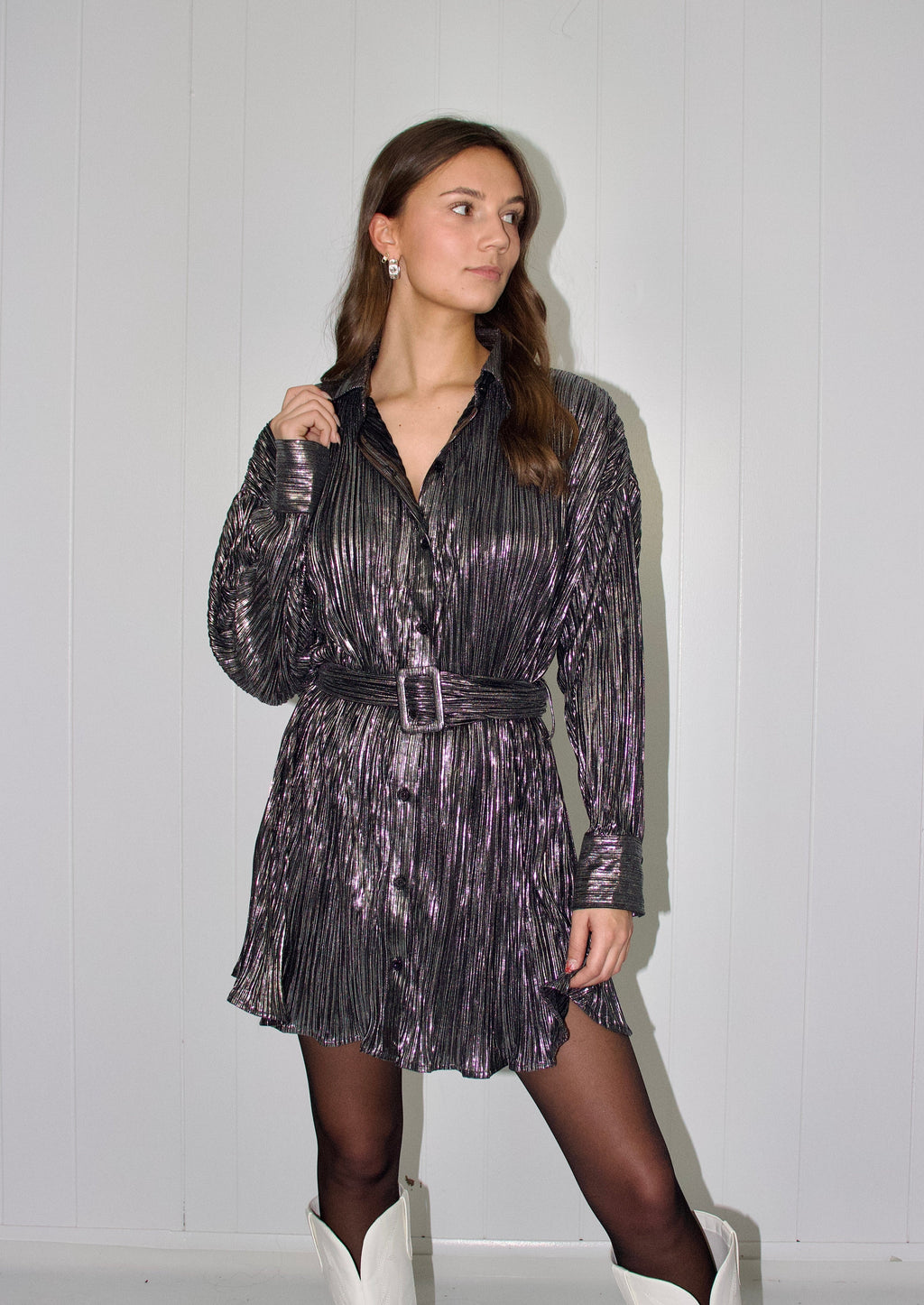 How You Shine Metallic Shirt Dress