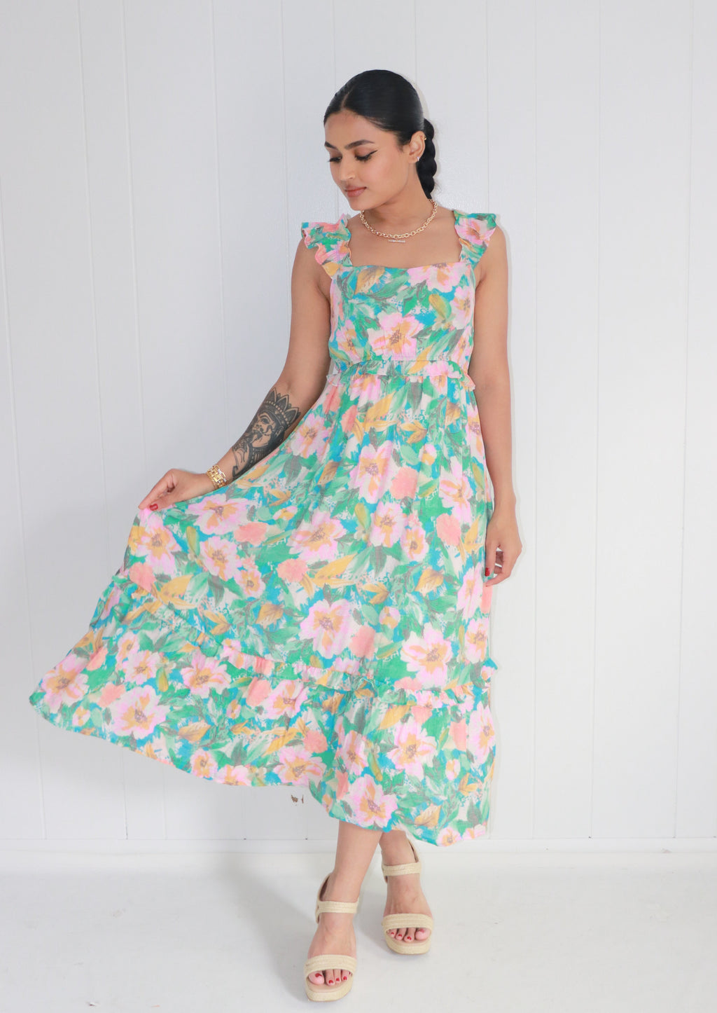 Colored In Love Floral Midi Dress- Aqua