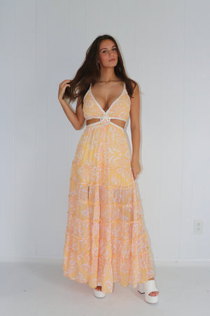 Boldest Bloom Cut Out Ruffle Maxi Dress