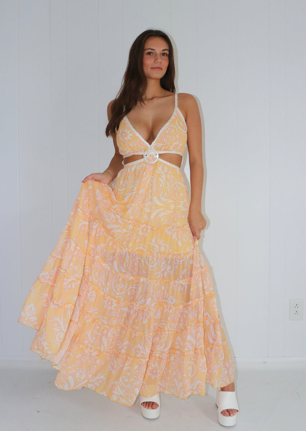 Boldest Bloom Cut Out Ruffle Maxi Dress