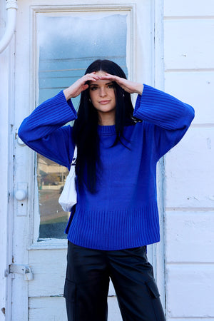 Keep Trying Ribbed Knit Sweater Blue