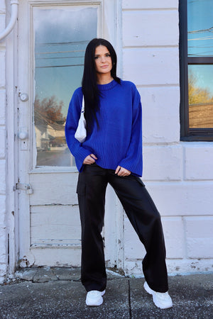 Keep Trying Ribbed Knit Sweater Blue