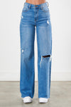 “The Jonas” Distressed Wide Leg Jeans - Md. Wash