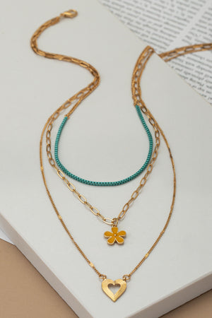 "The Petaluma" 3-Layer Flower/Heart Teal Necklace - Gold