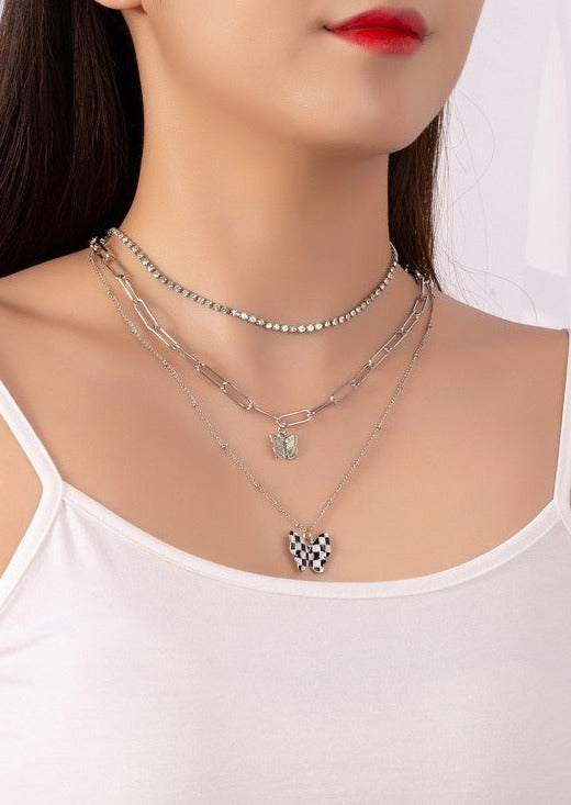 Checker Butterfly Pendant Necklace