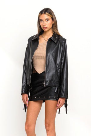 "Already Too Famous" Fringe Leather Jacket - Black