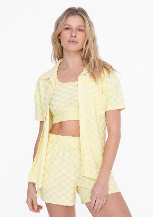 "Self Care" Checkered Button-Up Set - Yellow