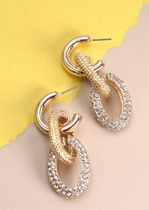 Rhinestone Link Drop Earrings Gold