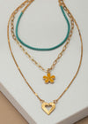 "The Petaluma" 3-Layer Flower/Heart Teal Necklace - Gold