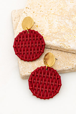 Woven Circle Dangle Earrings - Red