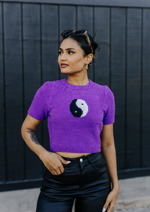 "All The Vibes" Yin-Yang Cropped Sweater - Purple