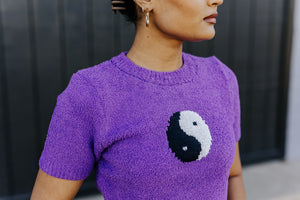 "All The Vibes" Yin-Yang Cropped Sweater - Purple