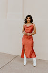 "She Lights A Fire" Satin Midi Slip Dress - Rust