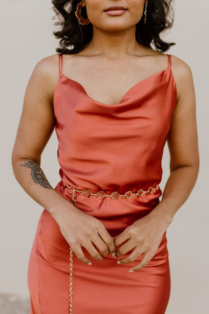 "She Lights A Fire" Satin Midi Slip Dress - Rust