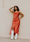 "She Lights A Fire" Satin Midi Slip Dress - Rust