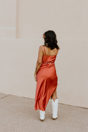 "She Lights A Fire" Satin Midi Slip Dress - Rust