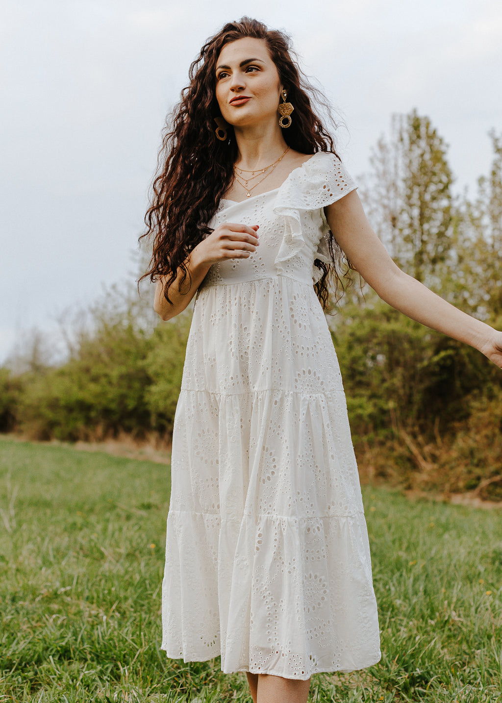 "My Wishes Came True" Flutter Eyelet Midi Dress - White