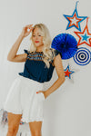 "The Fireside" Navy Embroidered Top