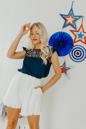 "The Fireside" Navy Embroidered Top