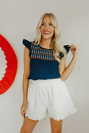 "The Fireside" Navy Embroidered Top