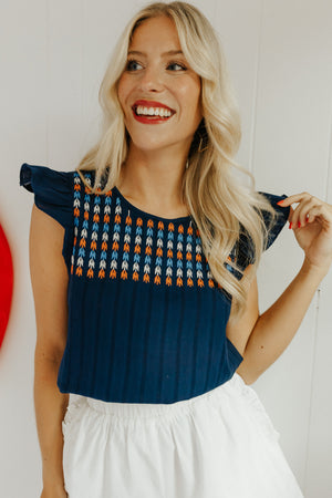 "The Fireside" Navy Embroidered Top
