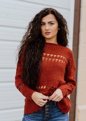 "Sweet Jane" Crochet Sweater - Rust
