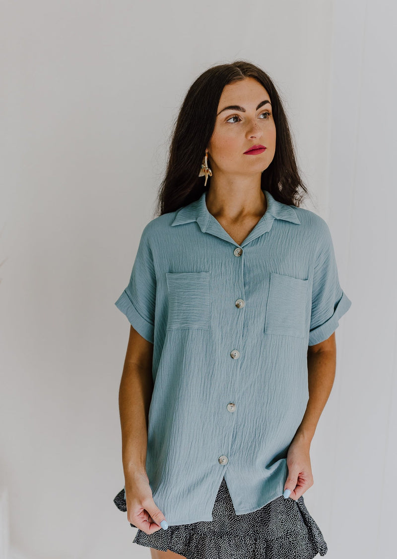"You Are Enough" Slate Button-Up Top
