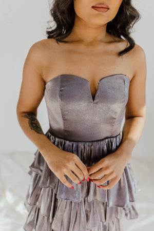 "Blow A Kiss" Ruffle Mini Dress - Gunmetal
