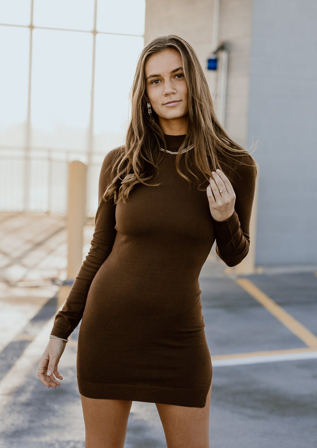 "A Different Way" Fitted Sweater Dress - Brown