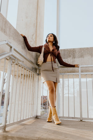 "A Little Spice" Tie Front Sweater - Brown