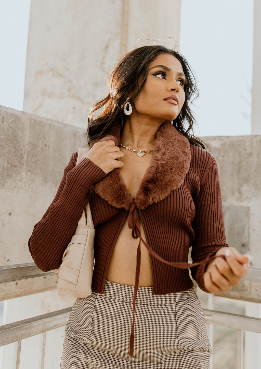 "A Little Spice" Tie Front Sweater - Brown