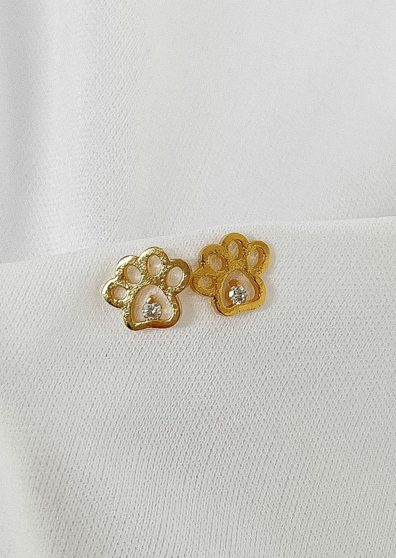 Rhinestone Paw Print Stud Earrings - Gold