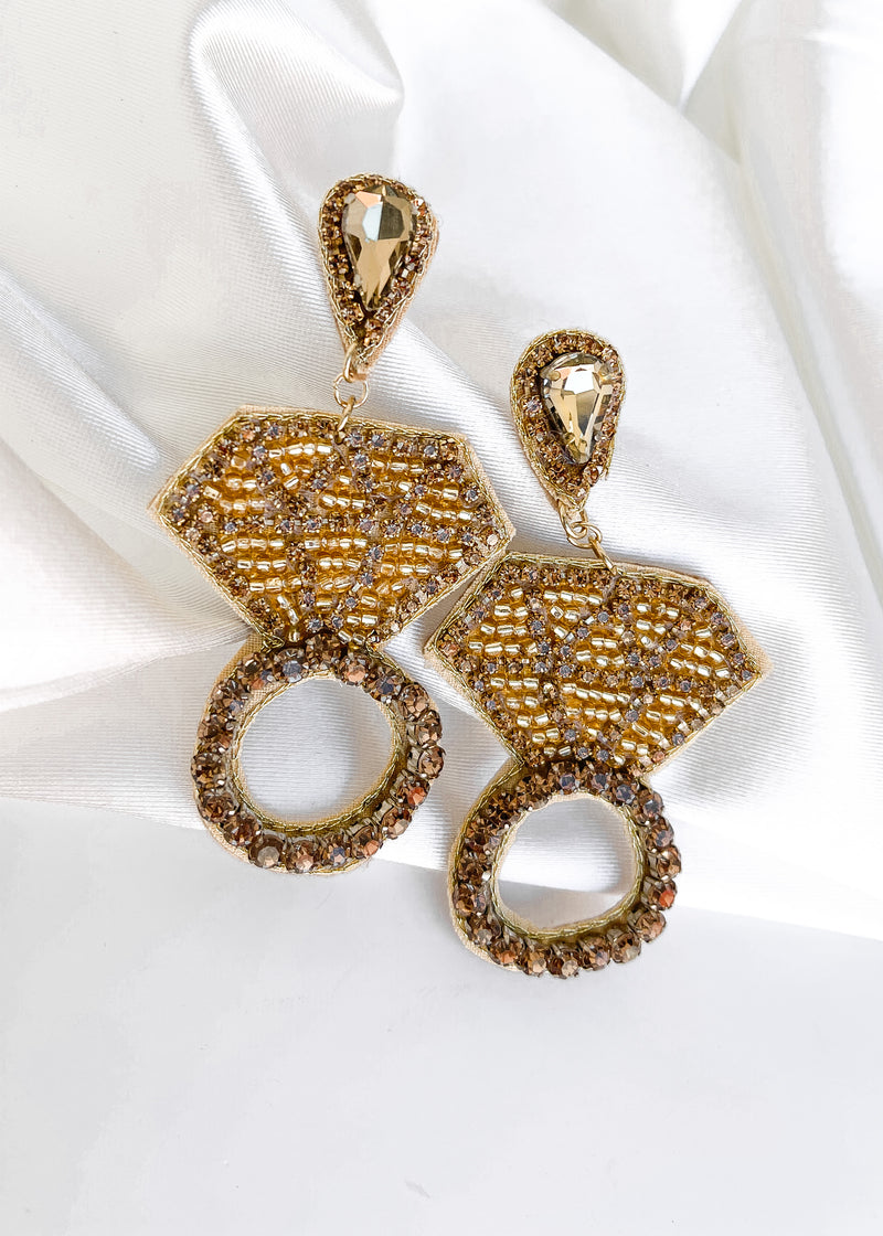 "Put A Ring On It" Diamond Ring Beaded Statement Earrings - Gold