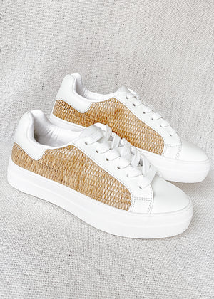 "Go The Distance" White Raffia Platform Sneakers