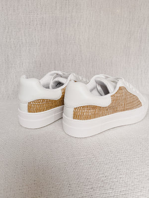 "Go The Distance" White Raffia Platform Sneakers