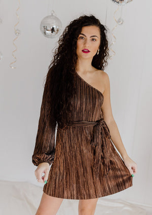 "Sparkling Wishes" One-Shoulder Shimmer Dress - Brown