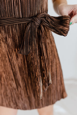 "Sparkling Wishes" One-Shoulder Shimmer Dress - Brown