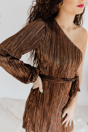 "Sparkling Wishes" One-Shoulder Shimmer Dress - Brown