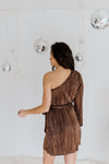 "Sparkling Wishes" One-Shoulder Shimmer Dress - Brown