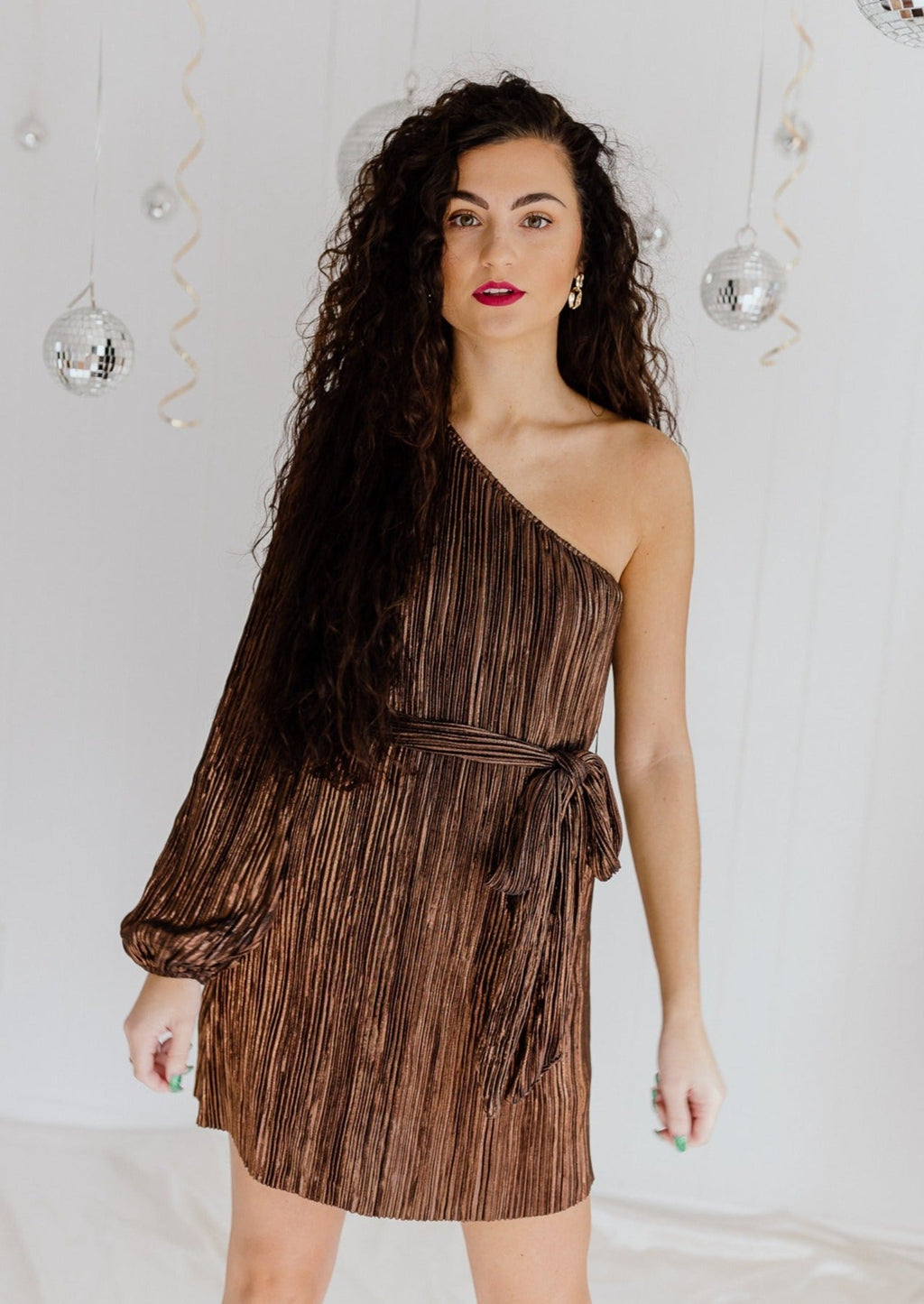 "Sparkling Wishes" One-Shoulder Shimmer Dress - Brown